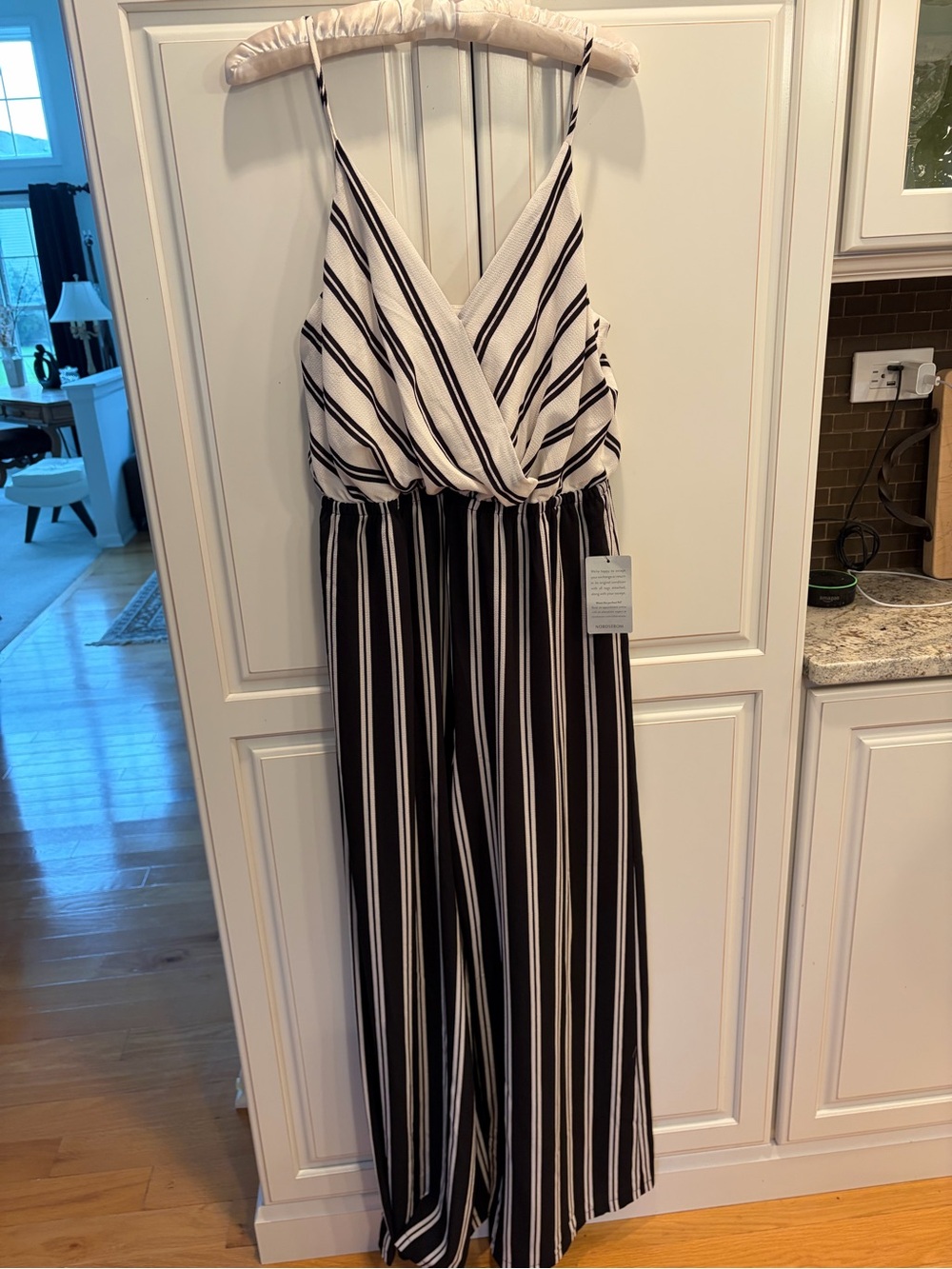 Chelsea28 Black and White Striped V-Neck Jumpsuit